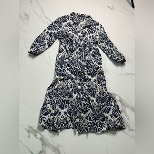 Zara Navy White Damask Print A-Line Long Sleeve Midi Dress